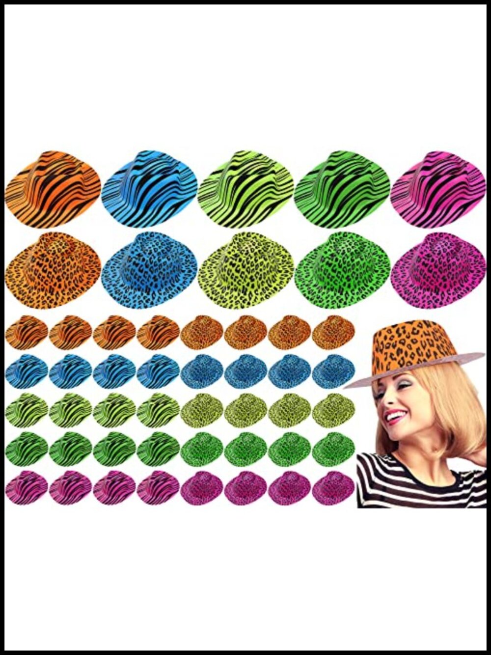 50 Pcs Neon Party Hats Animal Print Plastic for Kids & Adults